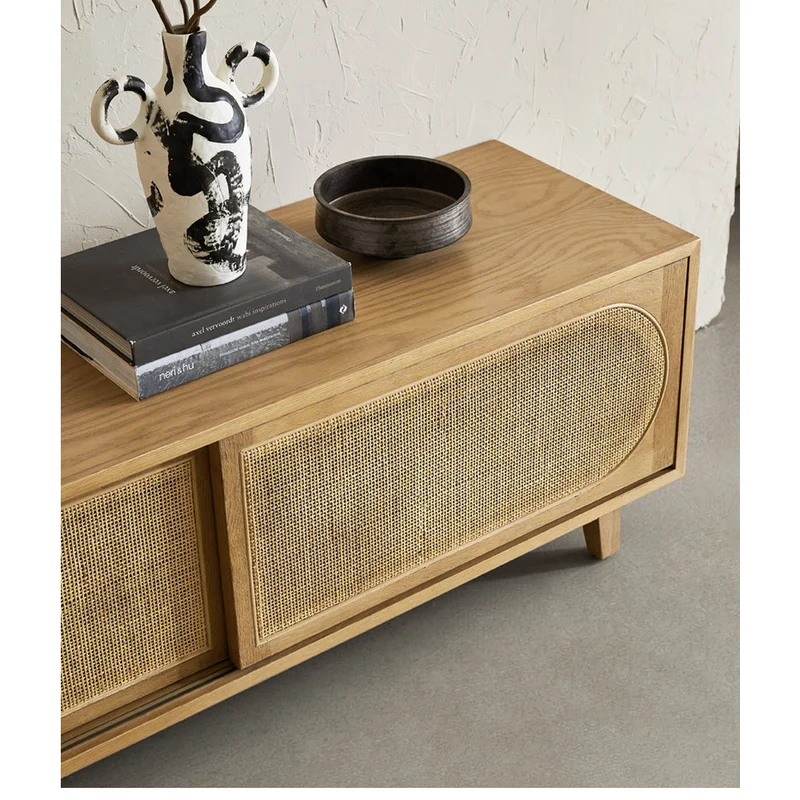 Scandinavian-Inspired Oak Wood Media Unit with Rattan Drawers