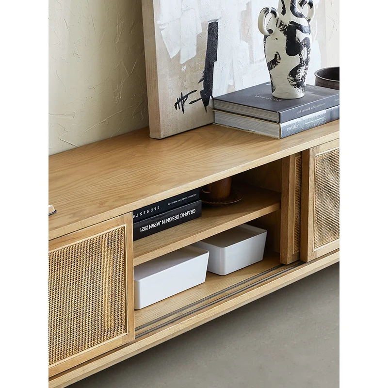 Scandinavian-Inspired Oak Wood Media Unit with Rattan Drawers