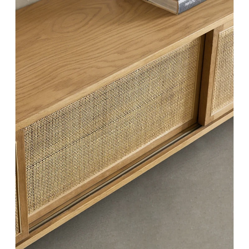 Scandinavian-Inspired Oak Wood Media Unit with Rattan Drawers