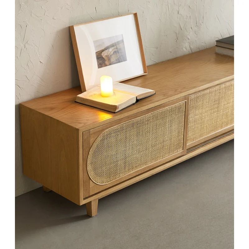 Scandinavian-Inspired Oak Wood Media Unit with Rattan Drawers
