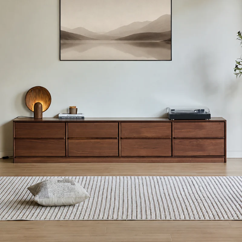 Minimalist Walnut Wood TV Stand with 4 Drawers