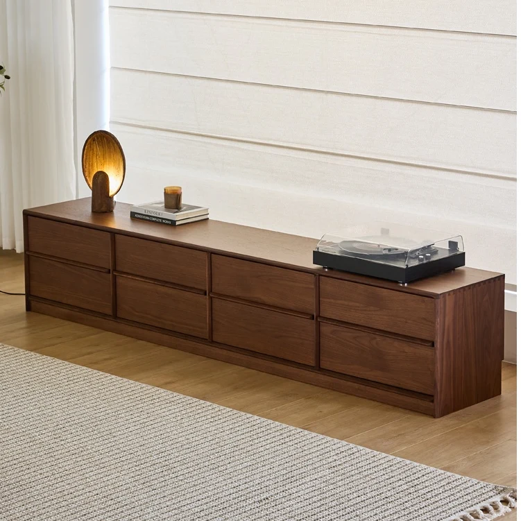 Minimalist Walnut Wood TV Stand with 4 Drawers