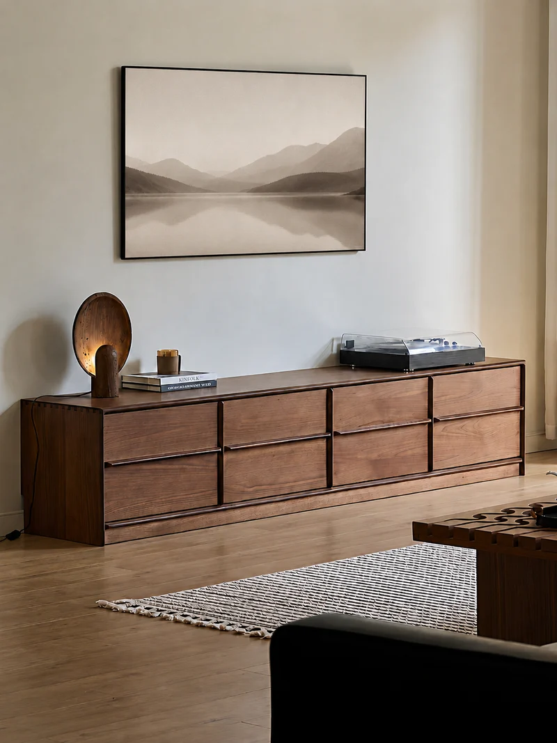 Minimalist Walnut Wood TV Stand with 4 Drawers
