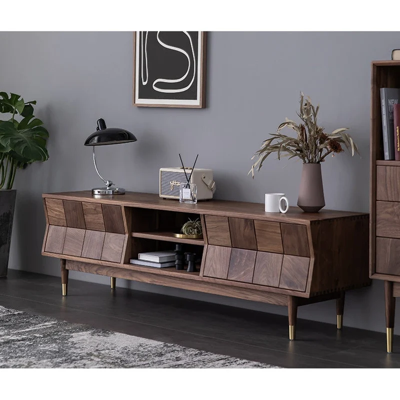 Charming Red Brick Inspired Solid Walnut Wood TV Stand