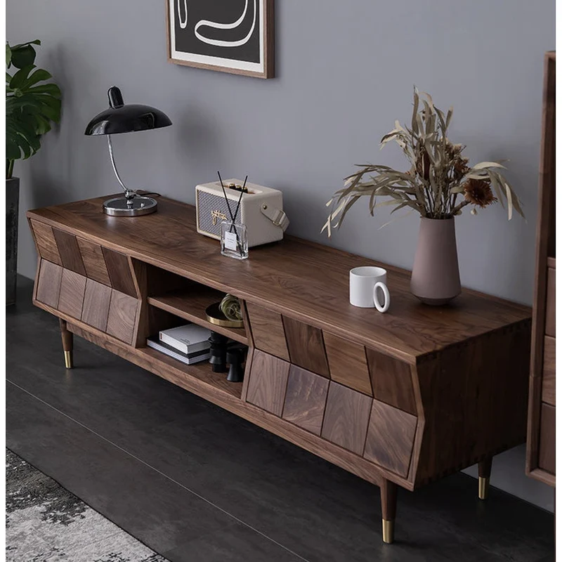 Charming Red Brick Inspired Solid Walnut Wood TV Stand
