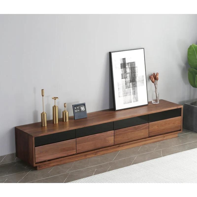 Elegant Glass Top with Drawers Walnut Wood TV Stand
