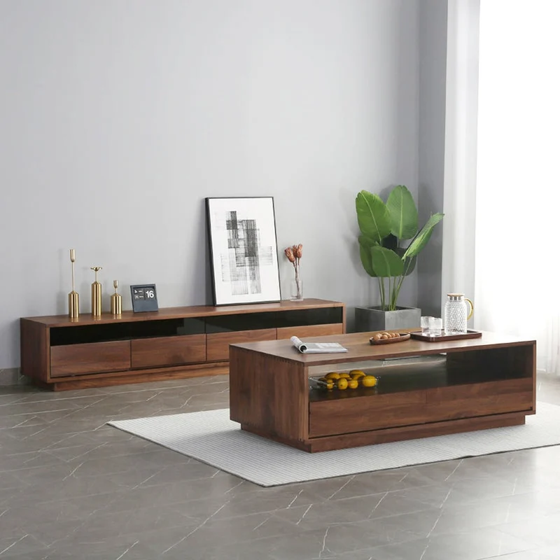 Elegant Glass Top with Drawers Walnut Wood TV Stand