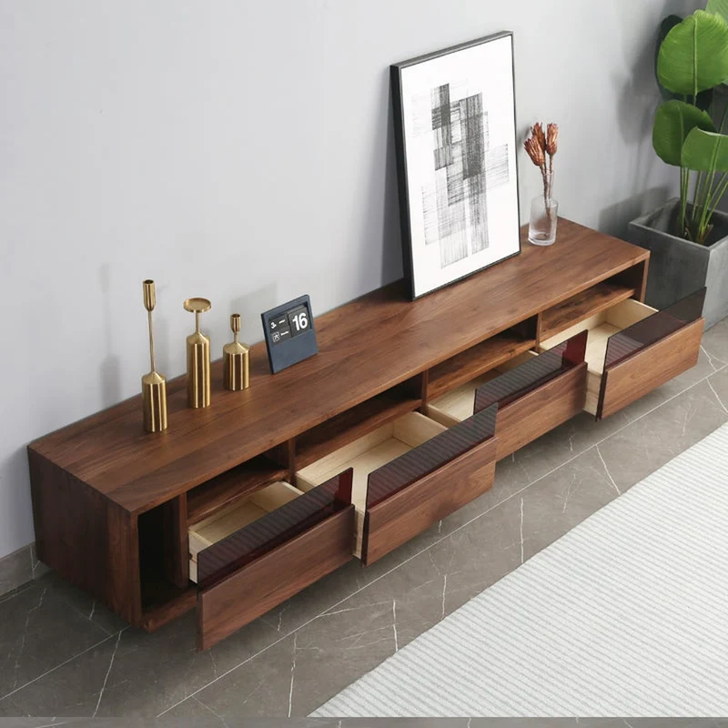 Elegant Glass Top with Drawers Walnut Wood TV Stand