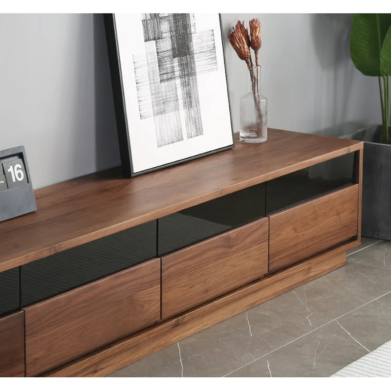 Elegant Glass Top with Drawers Walnut Wood TV Stand