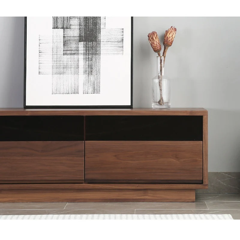 Elegant Glass Top with Drawers Walnut Wood TV Stand
