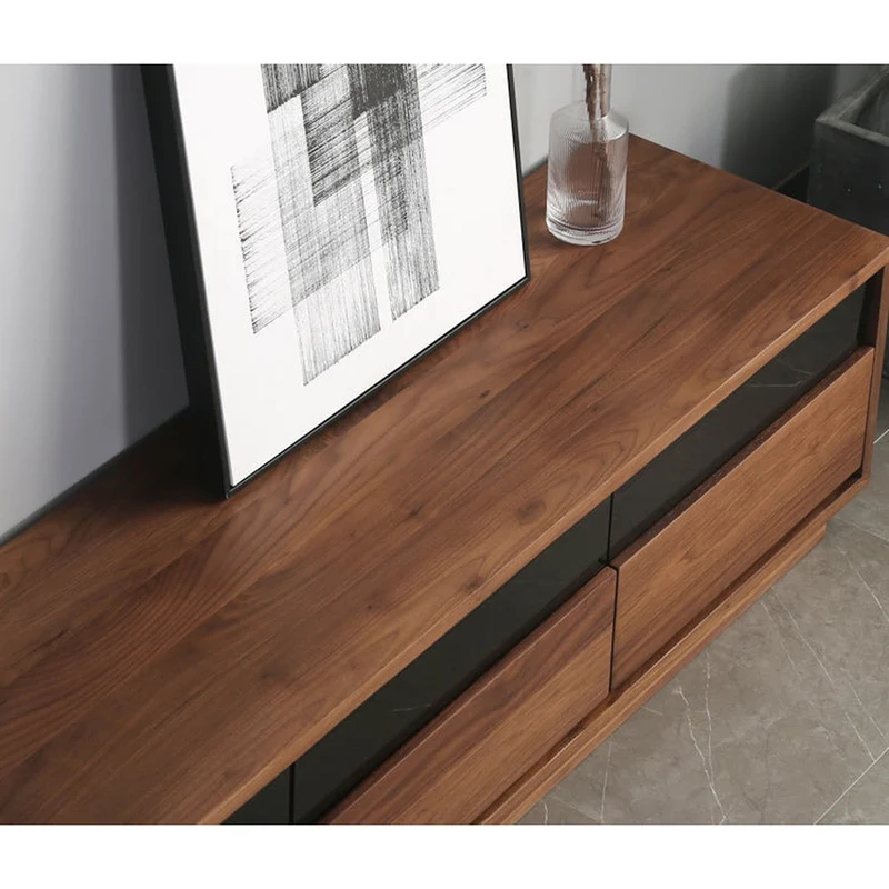 Elegant Glass Top with Drawers Walnut Wood TV Stand