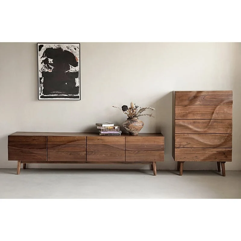 Align Wave Design Solid Black Walnut Wood TV Stand