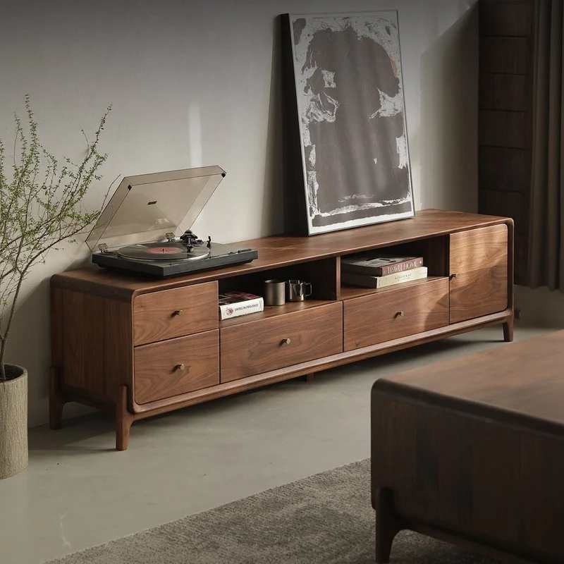 Venture Round Edge Walnut Wood TV Stand with T-Leg