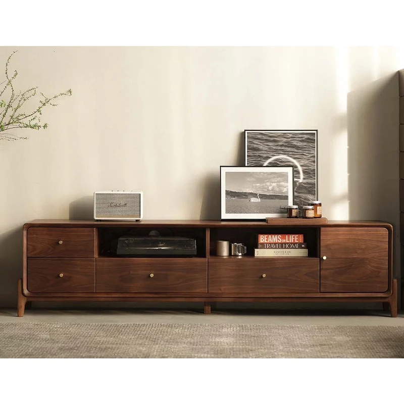 Venture Round Edge Walnut Wood TV Stand with T-Leg