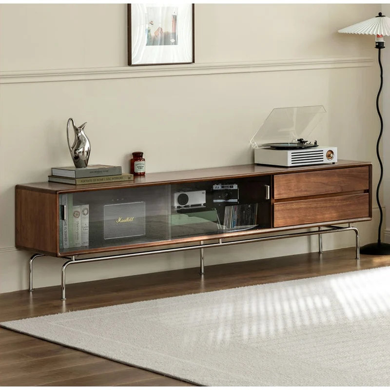Contemporary Walnut Wood TV Stand with Silver Legs