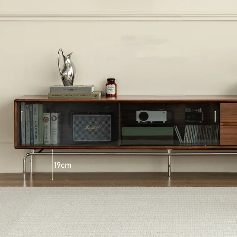 Contemporary Walnut Wood TV Stand with Silver Legs
