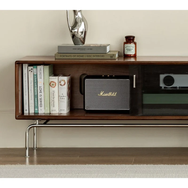 Contemporary Walnut Wood TV Stand with Silver Legs