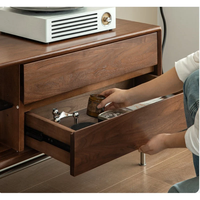 Contemporary Walnut Wood TV Stand with Silver Legs