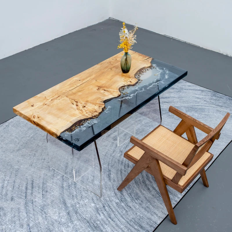 Mirrored River Poplar Wood Epoxy Resin Table