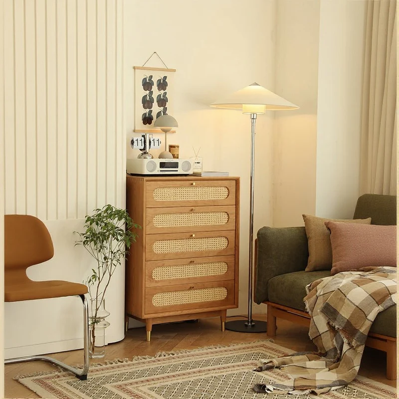 Solid Cherry Wood Storage Dresser with Rattan Drawers