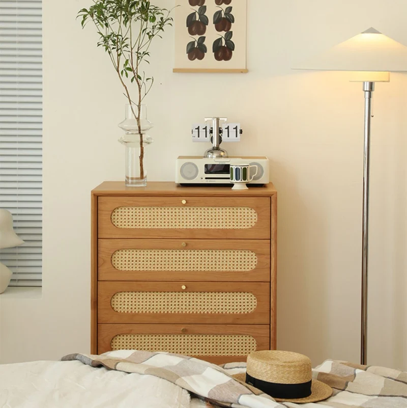 Solid Cherry Wood Storage Dresser with Rattan Drawers