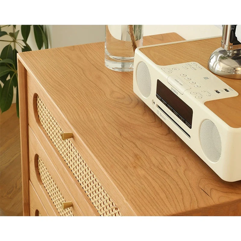 Solid Cherry Wood Storage Dresser with Rattan Drawers
