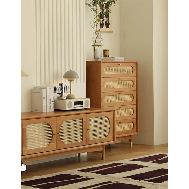 Solid Cherry Wood Storage Dresser with Rattan Drawers