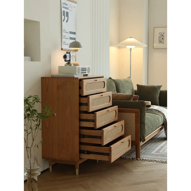 Solid Cherry Wood Storage Dresser with Rattan Drawers