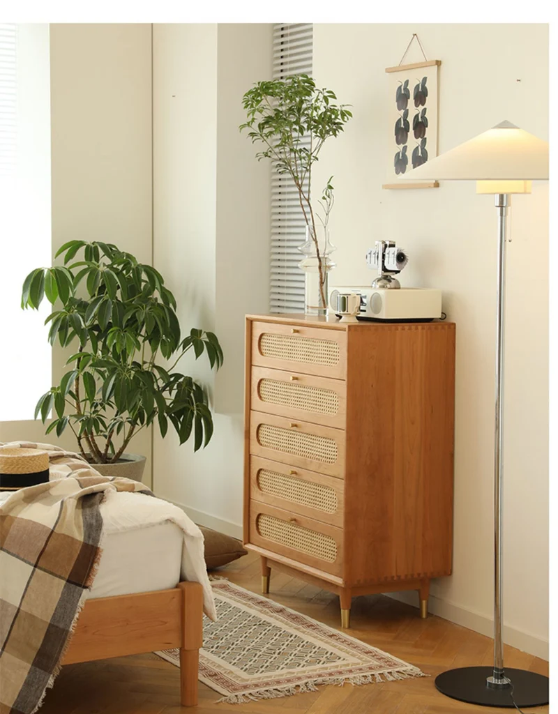 Solid Cherry Wood Storage Dresser with Rattan Drawers