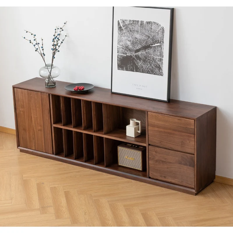 Contemporary Low Flat Solid Walnut Wood Sideboard