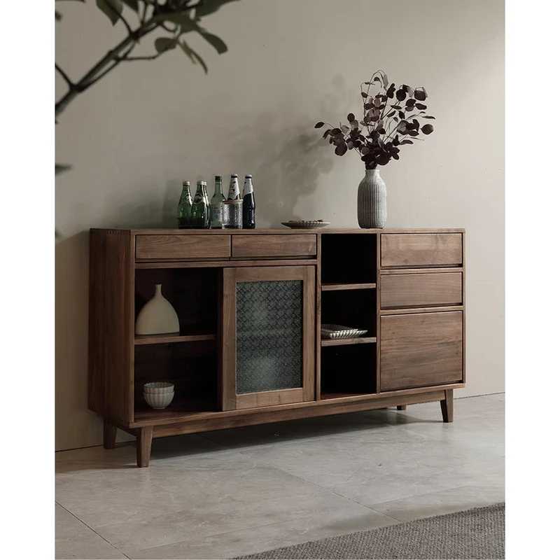 Classic Elegance Snow Glass Solid Walnut Wood Sideboard