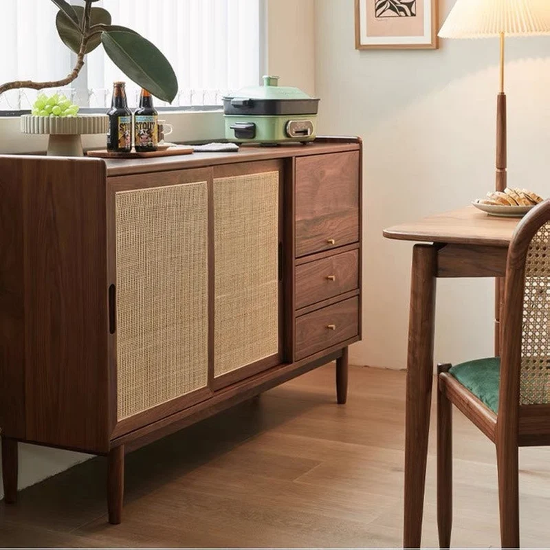 Sierra Solid Walnut Wood Rattan Door Design Buffet Sideboard