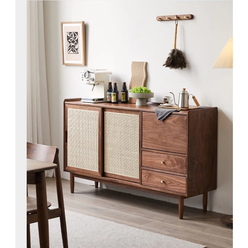 Sierra Solid Walnut Wood Rattan Door Design Buffet Sideboard