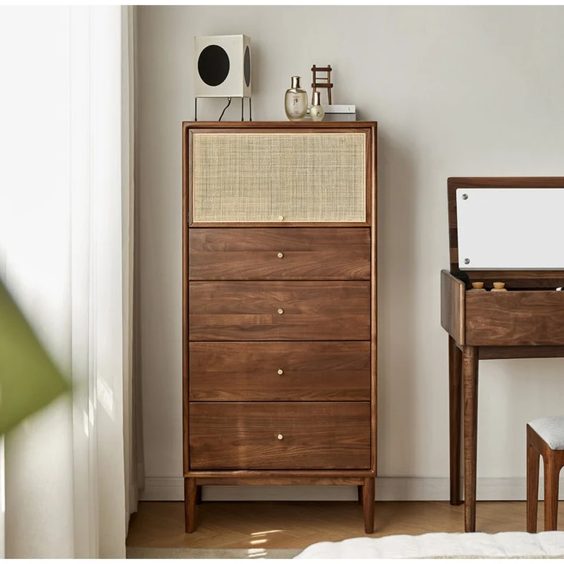 Finesse Solid Walnut Wood Tall Cabinet with Rattan Door