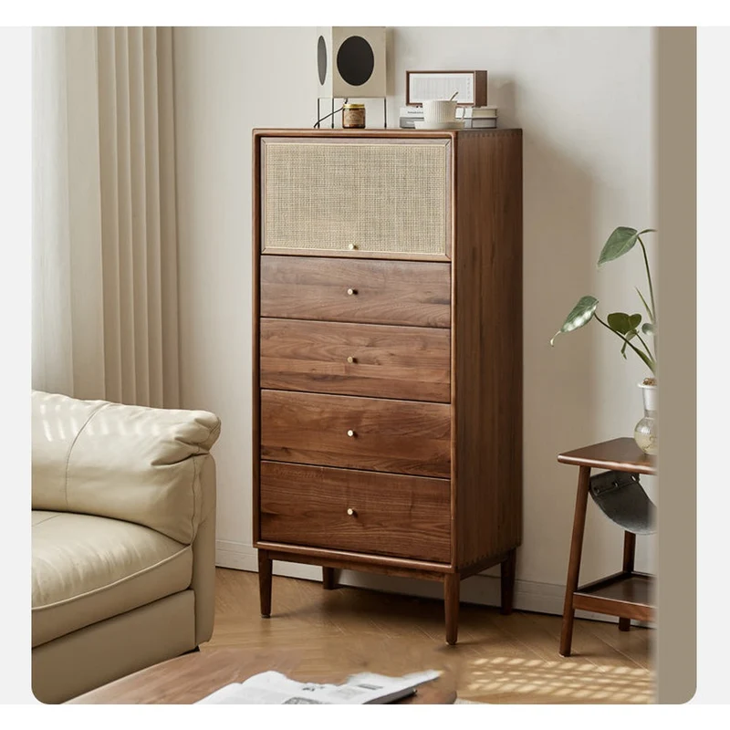 Finesse Solid Walnut Wood Tall Cabinet with Rattan Door