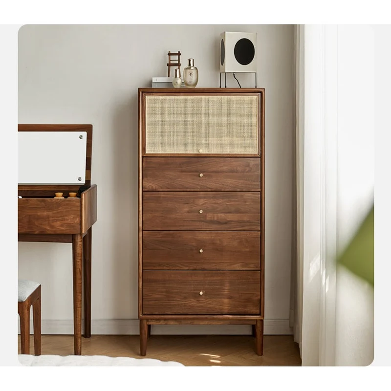 Finesse Solid Walnut Wood Tall Cabinet with Rattan Door