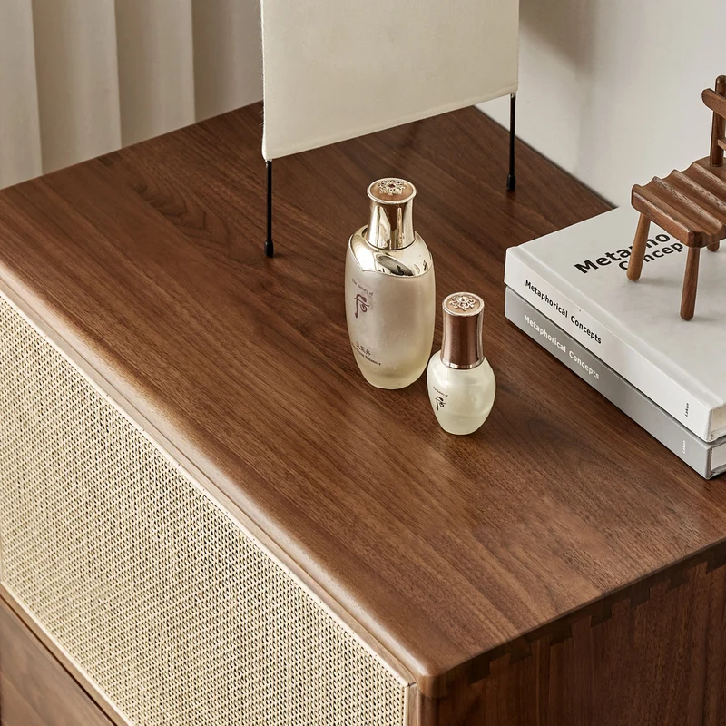 Finesse Solid Walnut Wood Tall Cabinet with Rattan Door