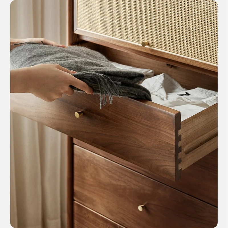 Finesse Solid Walnut Wood Tall Cabinet with Rattan Door