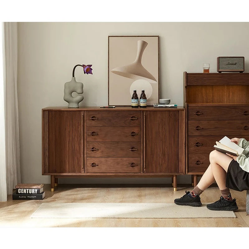 Vintage Tambour Door Solid Walnut Wood Sideboard