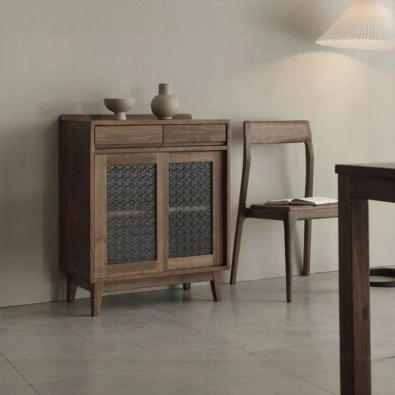 European Style Snow Glass Walnut Wood Cabinet