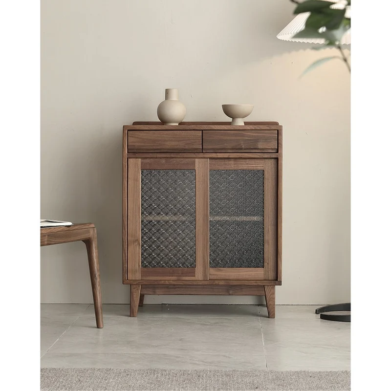 European Style Snow Glass Walnut Wood Cabinet
