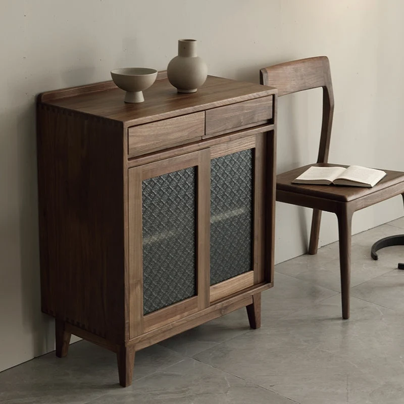 European Style Snow Glass Walnut Wood Cabinet