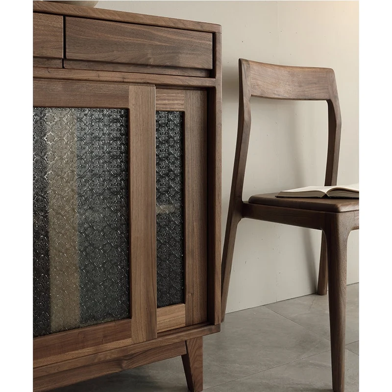 European Style Snow Glass Walnut Wood Cabinet