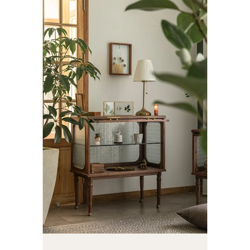 French Vintage Display Walnut Wood Side Table with Snow Glass