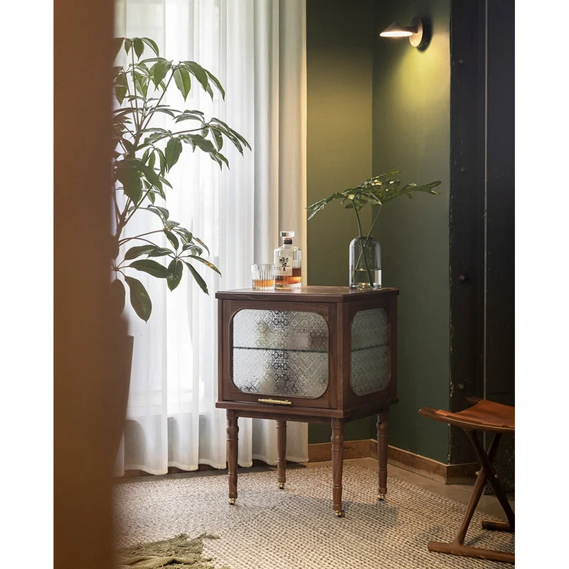 French Vintage Display Walnut Wood Side Table with Snow Glass