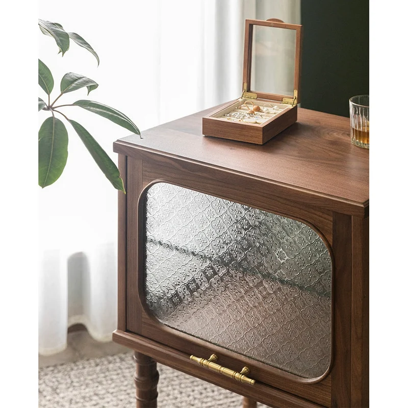 French Vintage Display Walnut Wood Side Table with Snow Glass