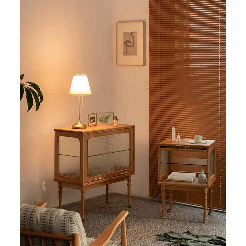 French Vintage Display Walnut Wood Side Table with Snow Glass