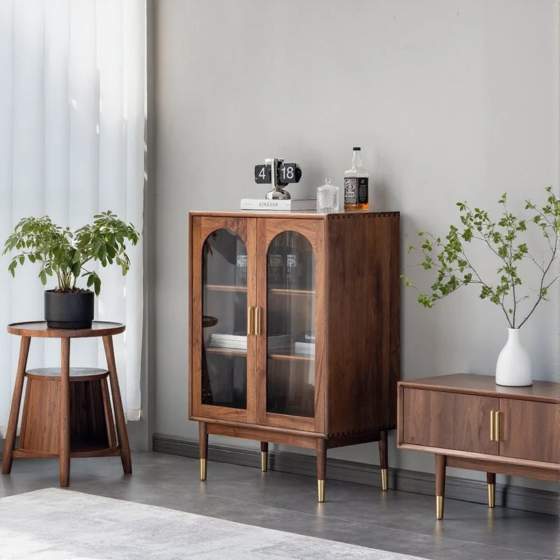 Whimsical Walnut Wood Two Arch Glass Door Design Cabinet