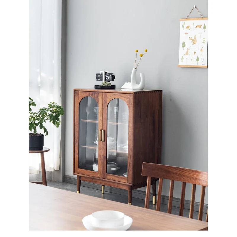 Whimsical Walnut Wood Two Arch Glass Door Design Cabinet