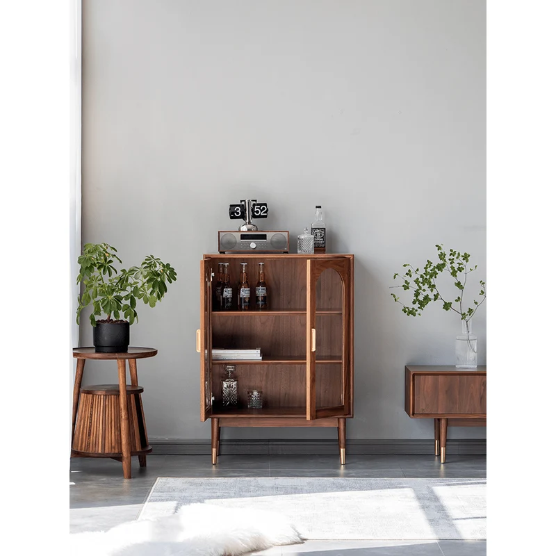 Whimsical Walnut Wood Two Arch Glass Door Design Cabinet